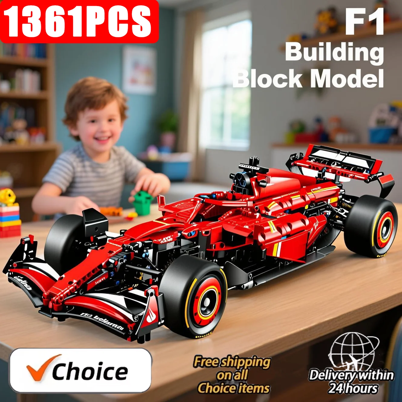 Técnico 1361PCS SF-24 F1 Carro de corrida vermelho 42207 Conjunto de construção Carro esportivo Blocos de montar Expositor para casa ou escritório Ideal para presente