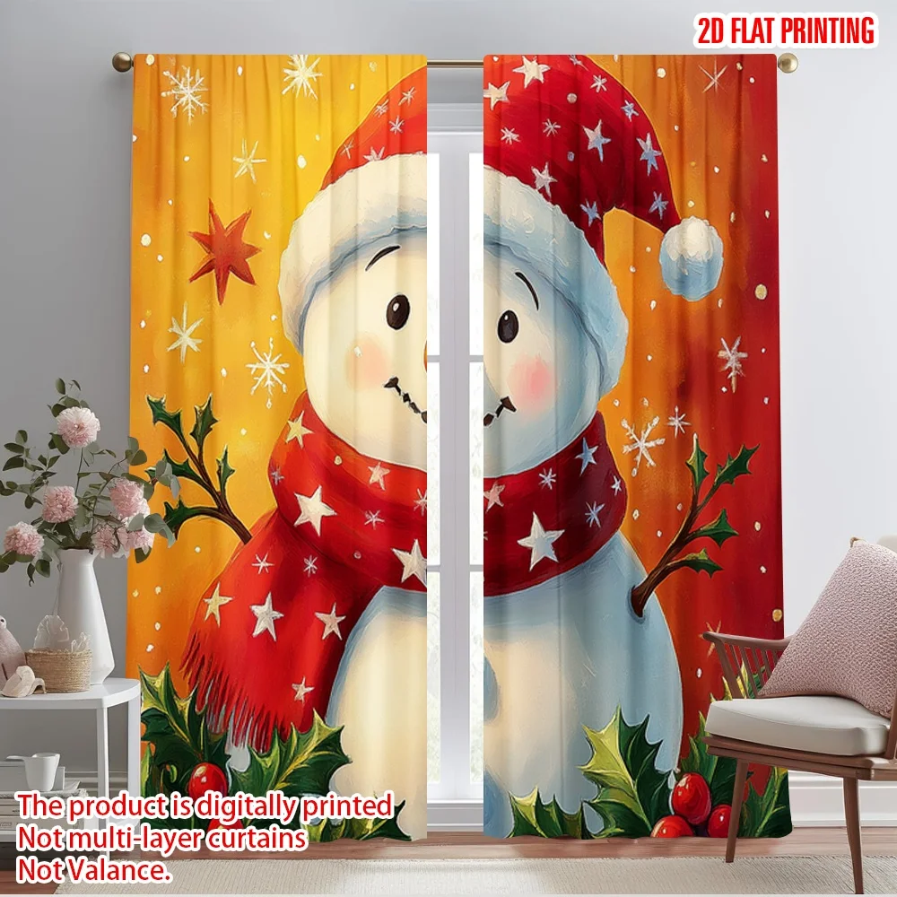 

2pcs,2D plane printing Print Curtains Cute Snowman Festive Holiday Stars (2) Versatile 100% Polyester (without rod) Festive Use