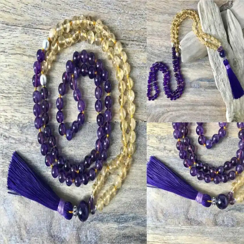 

8mm Amethyst Citrine Bracelet Women Prayer Sacred Wear Meditation Bridal Fashion Accessory Spiritual Opera Length Relief Mala