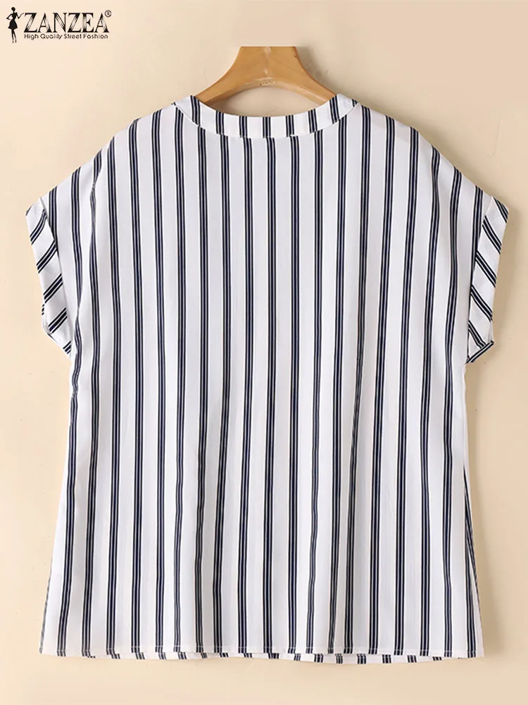 ZANZEA Harajuku Stripes Short Sleeve Shirt Women Formal Blouse 2024 Summer Buttons Pocket Tops Korean Fashion Office Loose Tunic