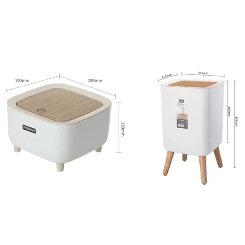 2L/10L Trash Can with Lid High Foot Wood Grain Garbage Bin Simple Press Trash Can Mini Desktop Paper Basket Home Garbage Bucket