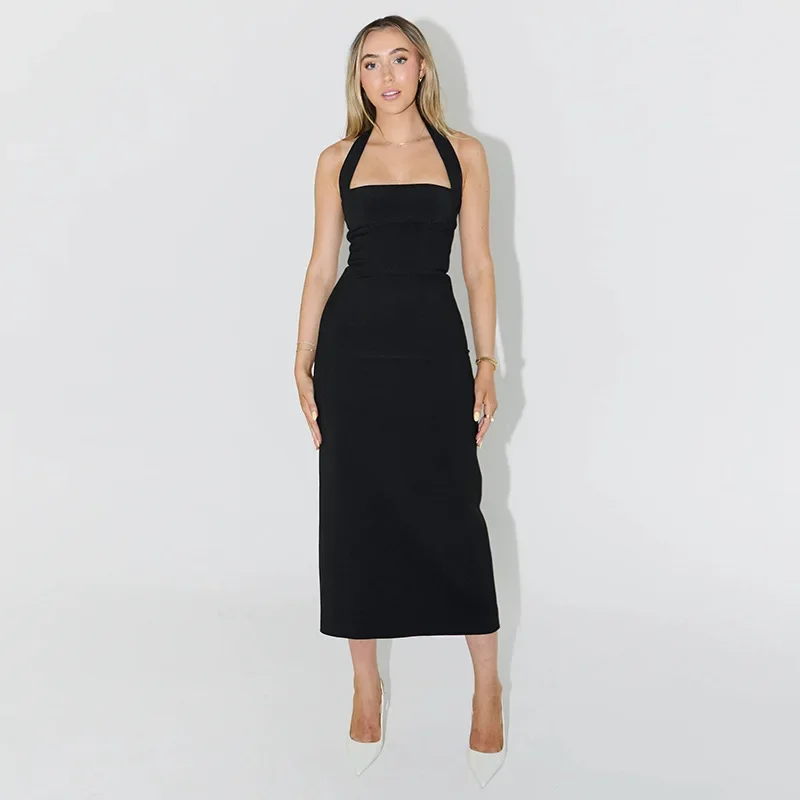 2025 neue Elegante Halter Schwarz Backless Sexy Bodycon Maxi Prom Kleid Sommer Frauen Y2K Kleidung Hochzeit Geburtstag Party Weibliche