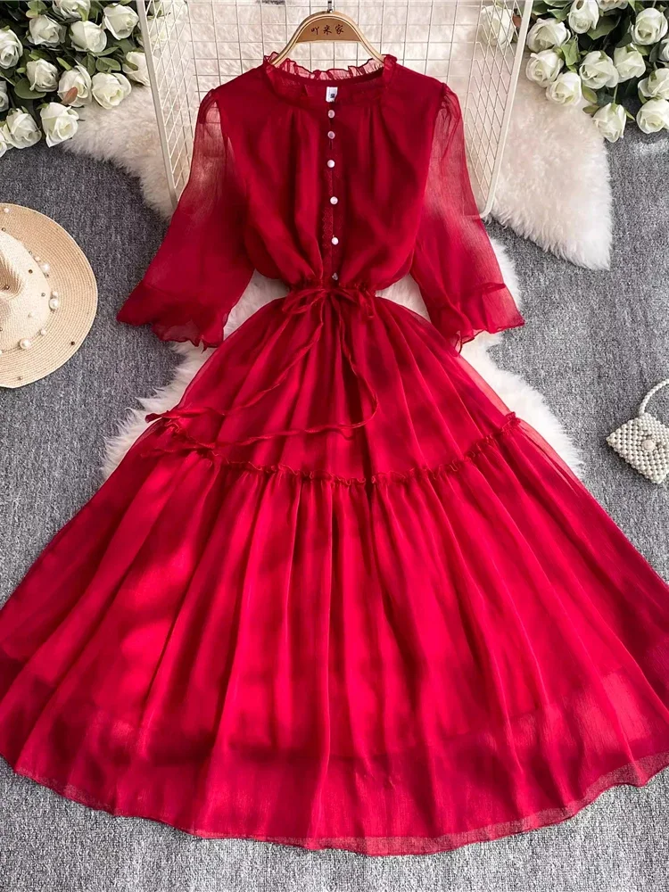 Summer Women Red/Blue/Pink/White Midi Dress Elegant Solid Ruffle Round Neck 3/4 Sleeve Vacation Beach Vestidos Female New