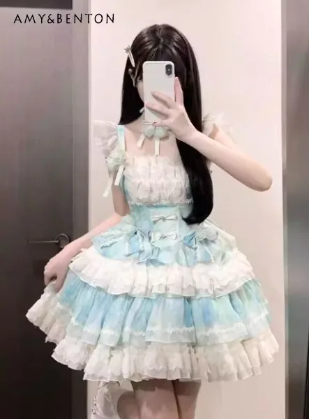 

2025 Summer New Green Gradient Sweet Style Girl's Birthday Cake Dress Lolita Flying Sleeve Bowknot Layered Short Dress