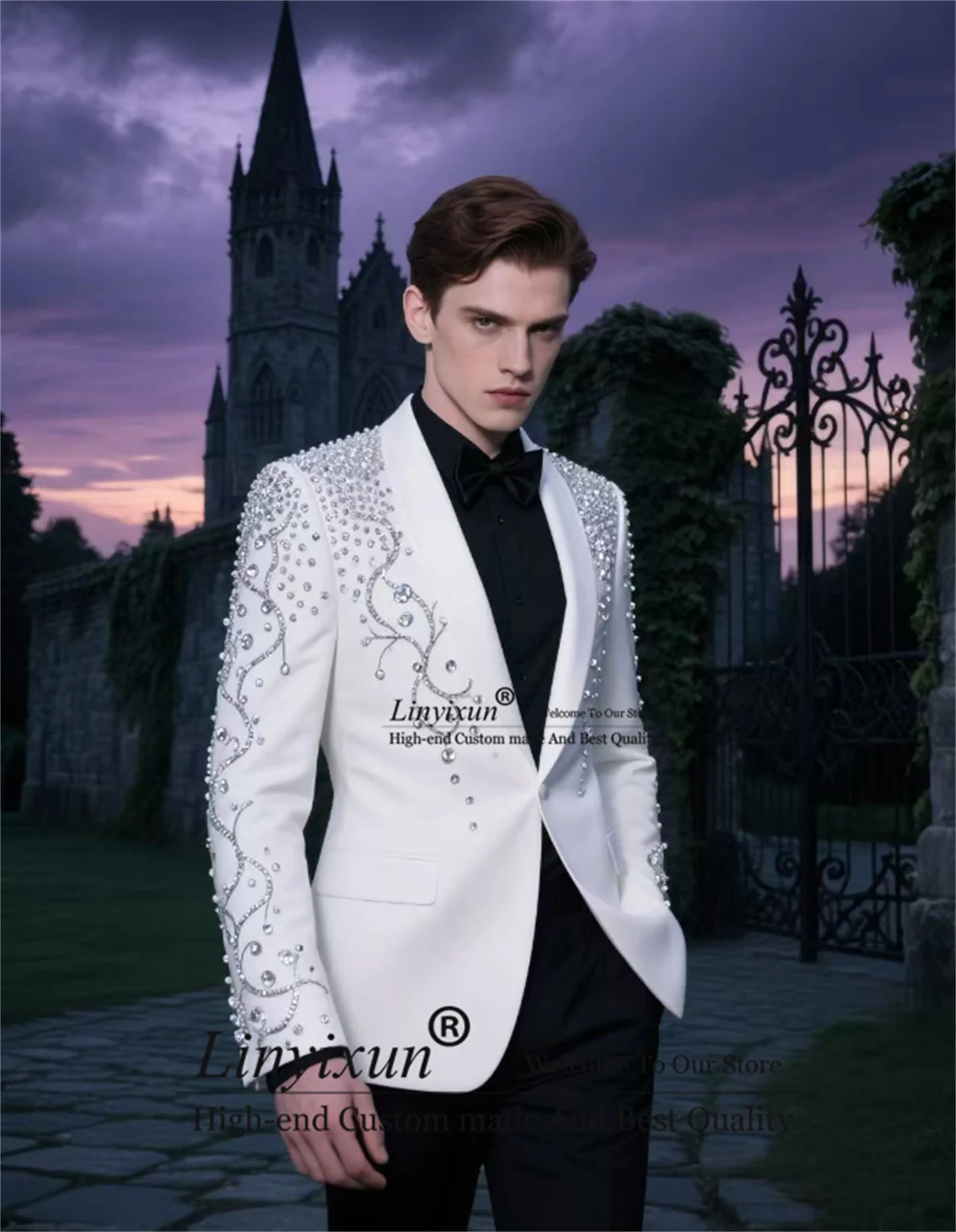 

Индивидуальные комплекты из 2-х предметов, мужские костюмы, элитные кристаллы, мужские пиджаки для выпускного вечера, свадебные смокинги для жениха с бисером, Slim Fit trajes para hombre