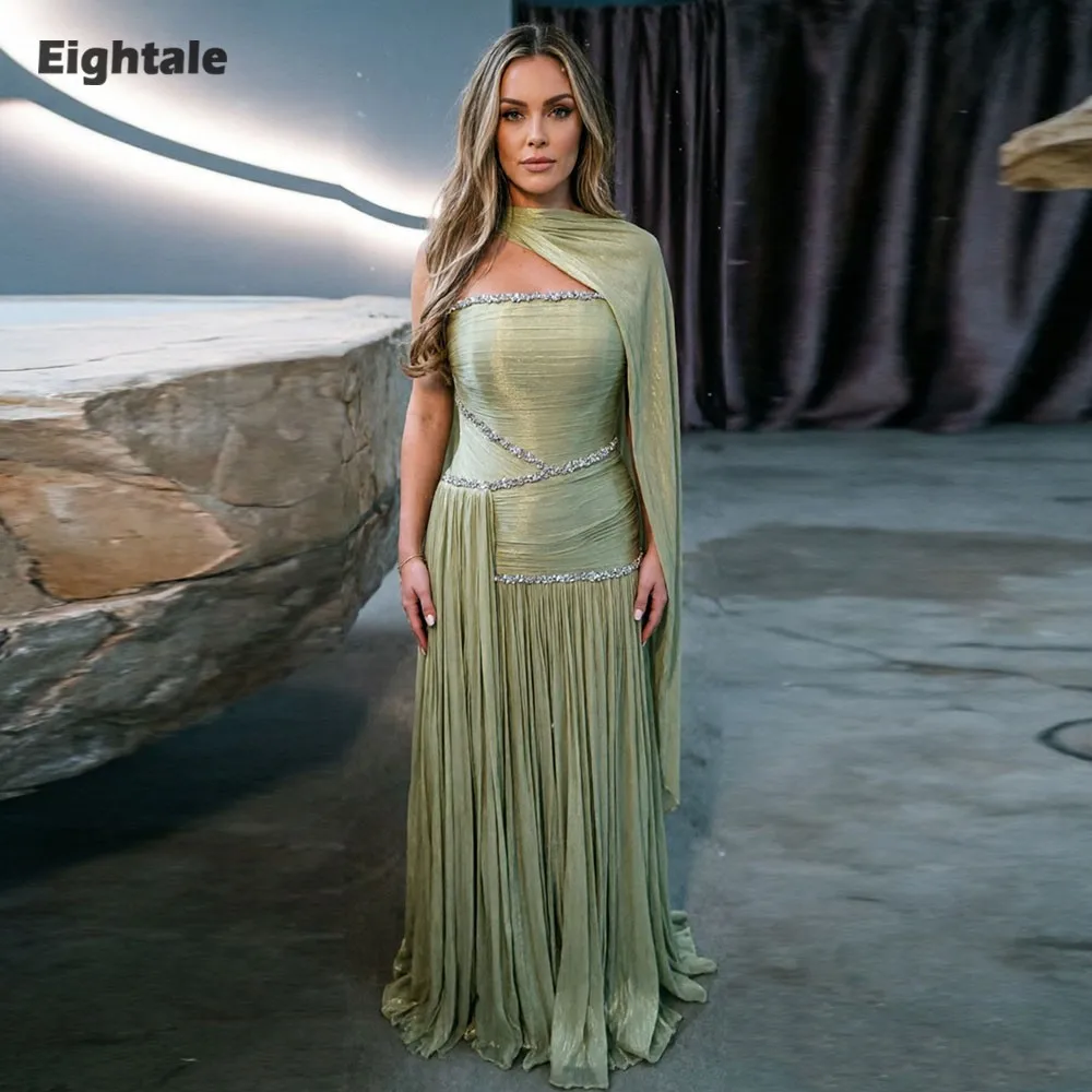 Eightale Arabic Evening Dress Strapless Beaded Sage Green Crepe Customized A-Line Pleats Prom Wedding Party Gown