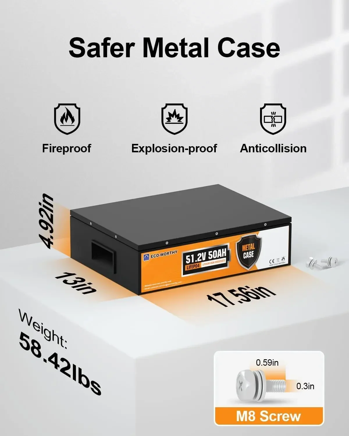 48V 50Ah Metal Case LiFePO4 Battery Built-in BMS Replacement of Lead-Acid Battery Allows Discharging at -4℉ and Charging at 32℉