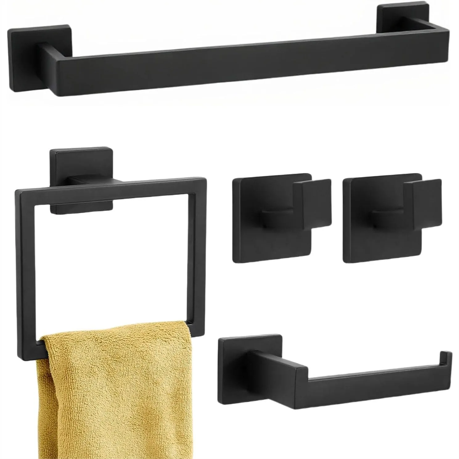 

Matte Black Bathroom Hardware Set - 16 Inch Towel Rack, Toilet Paper Holder, Towel Ring & 2 Hooks