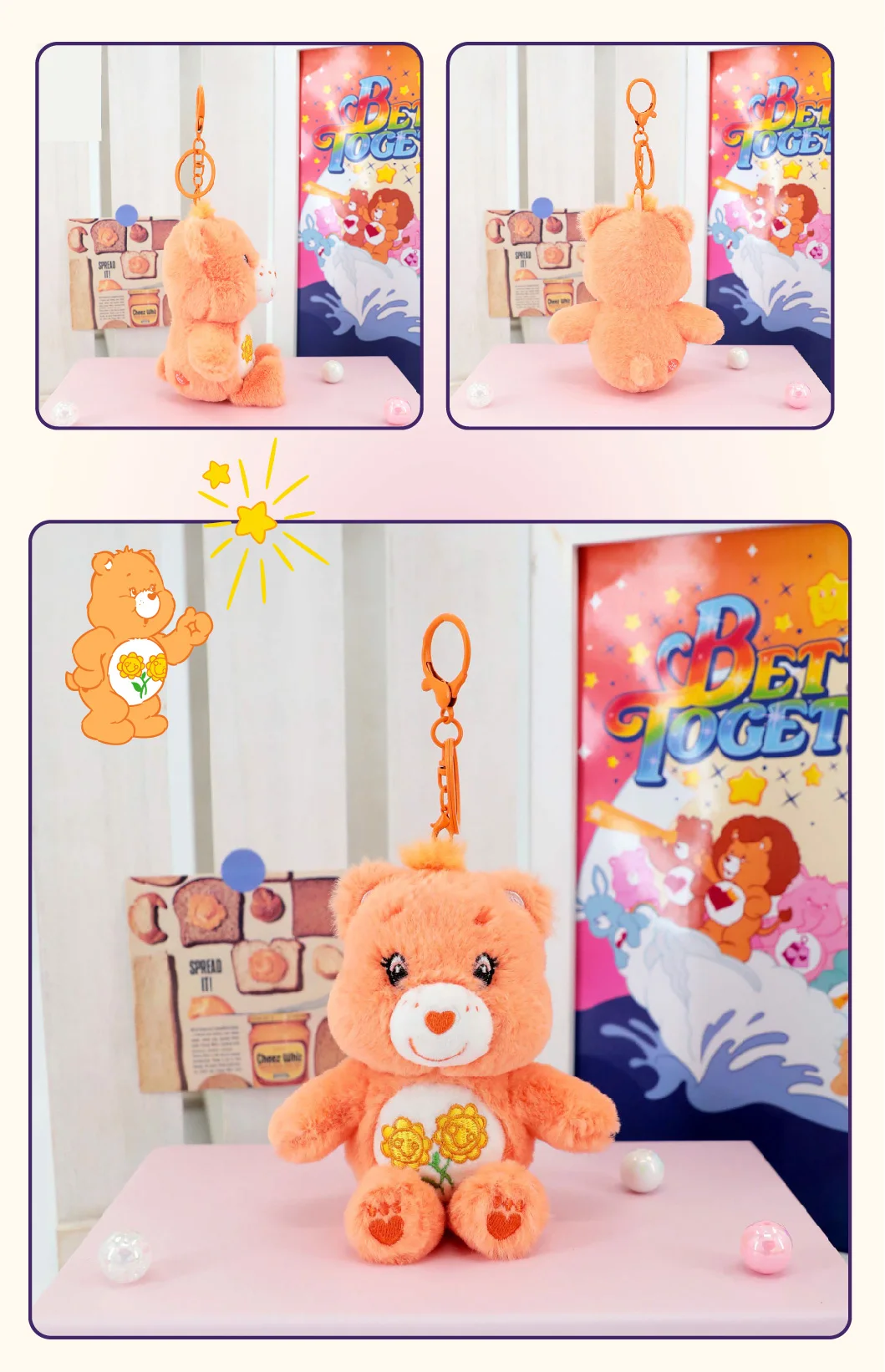 Care Bears Plüsch-Schlüsselanhänger mit Quietschgeräusch, 15 cm, süßer Bärenanhänger für Rucksack, Gepäck, Ornament, Dekoration, Kindergeburtstag, Weihnachtsgeschenk – Detail 6