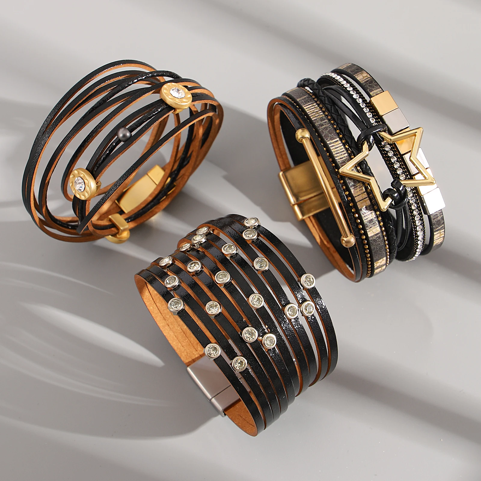 

Amorcome Classic Multilayer Stackable Leather Bracelet for Women Metal Tube Zircon Wrapped Bracelet Daily Hand Accessories