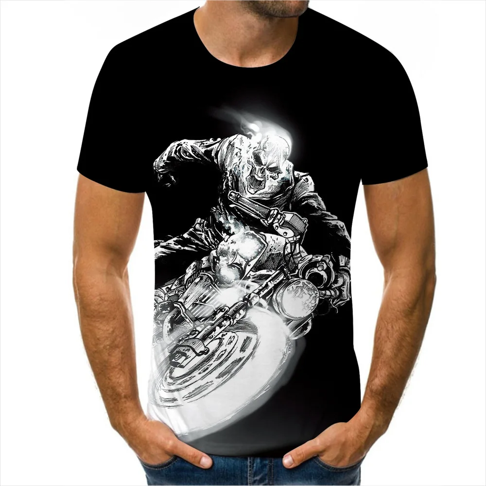 Image of Herren Skull Ghost Rider Motorrad 3D-Druck Kurzarm-T-Shirt Retro Biker Horror Grafik Rundhalsausschnitt Casual Streetwear Schwarze T-Shirts Tops