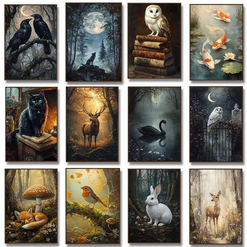 Vintage polilla zorro Lobo cisne corvo ciervo búho libro seta cartel Dark Academia gótico rústico estético naturaleza arte de pared hogar Dec