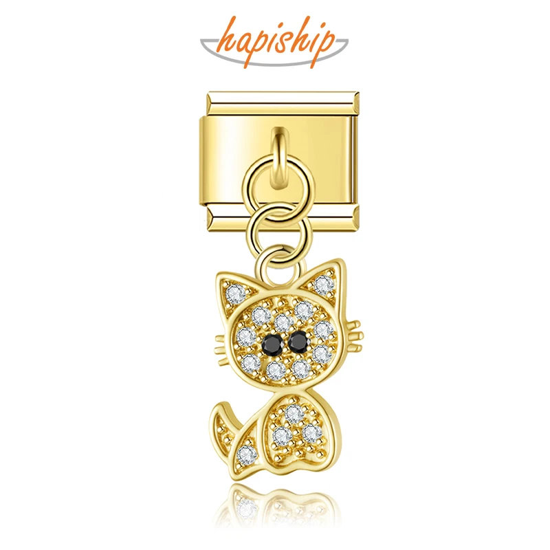 Hapiship Charm de Gato com Strass Brilhante e Elegante, Estilo Italiano, para Pulseira de Aço Inoxidável, para Fabricação de Joias DJ036