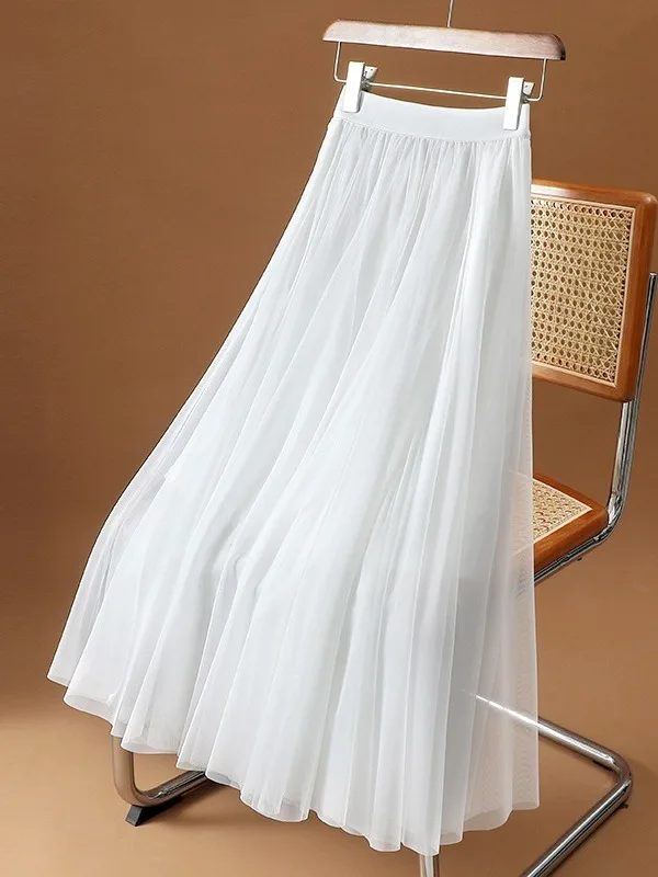 Elegant Mesh A-Line Midi Skirt Women's Spring Summer New High-End Drapey Cross-Body Large Swing Korean Style Commute