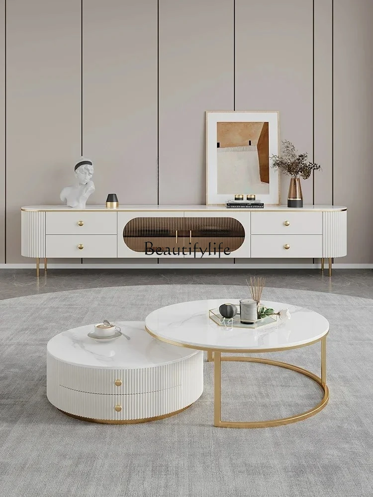 luxury rock slab solid wood TV cabinet coffee table combination living room advanced  retro floor cabinet modern simplicity