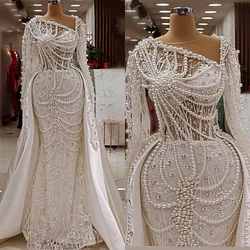 Customized Sparkly  Heavy Pearls Beads Wedding Dress Robes De Mariee Long Sleeves Luxury Detachable Train  Bridal Gowns