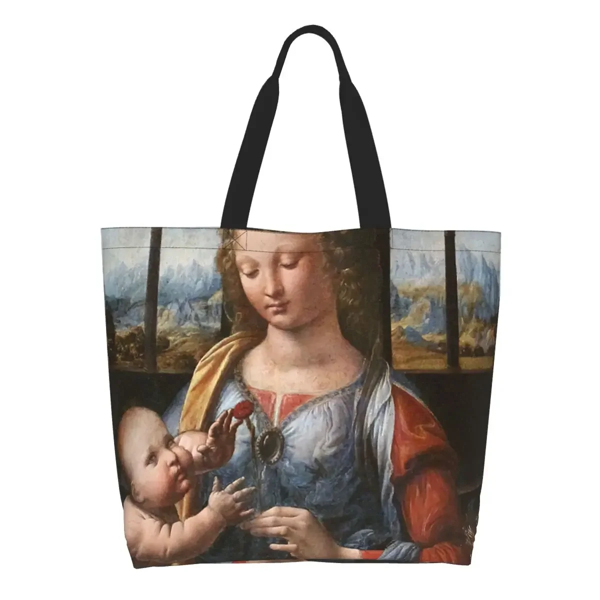 Custom Madonna Of The Carnation Canvas Shopping Bag Women Reusable Big Capacity Grocery Leonardo Da Vinci Tote Shopper Bags