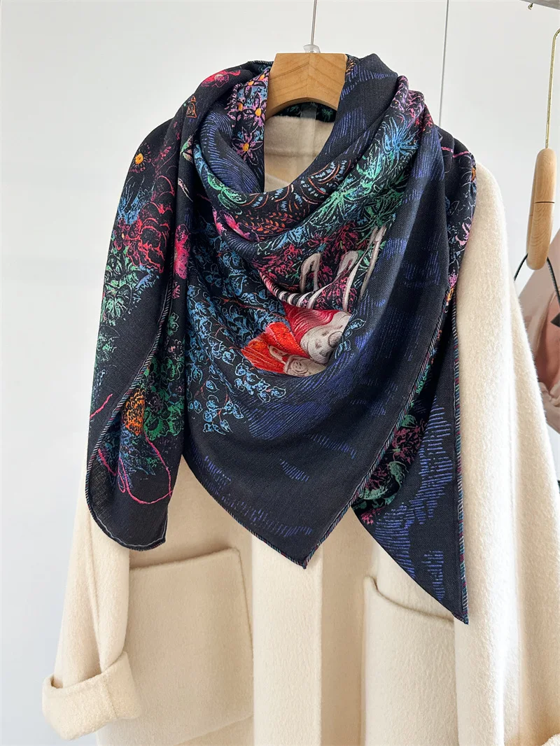 Blue Silk Wool Scarf 135cm Luxury Designer Pashmina Square Winter Hand-Rolled Shawls for Women Stole Head Hair Accessories
