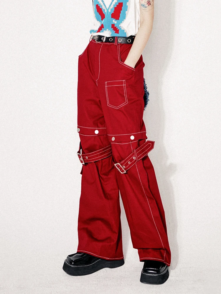 ReddaChic Hip-hop Women Red Cargo Pants 2-In-1 Detachable Baggy Jeans Y2k Wide Leg Jorts Trousers 90s Retro Skater Streetwear