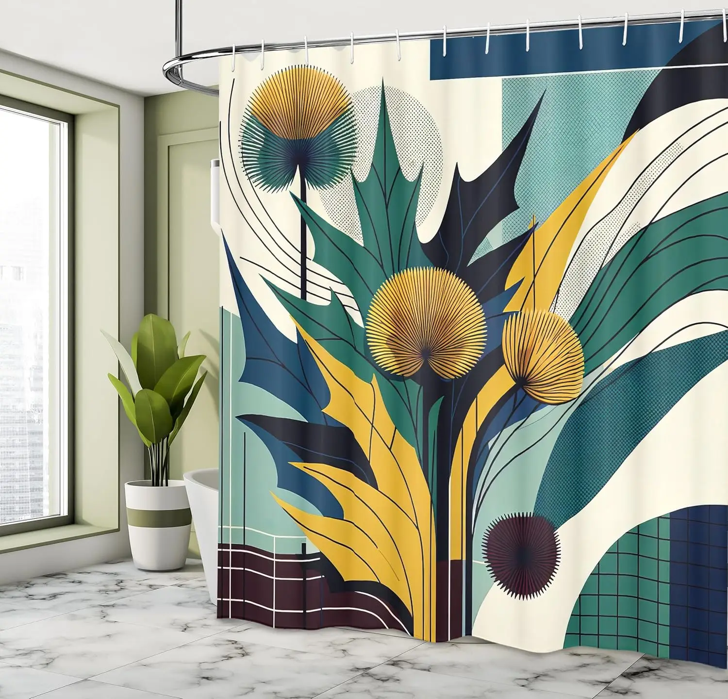 

Занавеска для душа с цветочным эвкалиптом, абстрактные листья и цитопли, современные геометрические скандинавские детали, тканевая летучая мышь