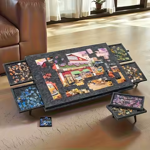 1 Set Professional Jigsaw Puzzle Table with 6 Drawers, Holds 1000 Pcs &amp; Felt Board, Includes Display Lid &amp; Stand, Gift Idea