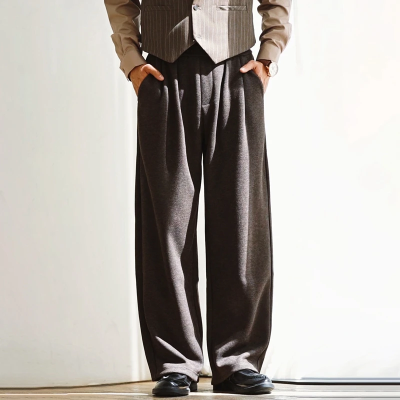 Pantalon à jambes larges pour hommes, 100% laine mérinos, chaud, doux, couleur unie, automne hiver, 