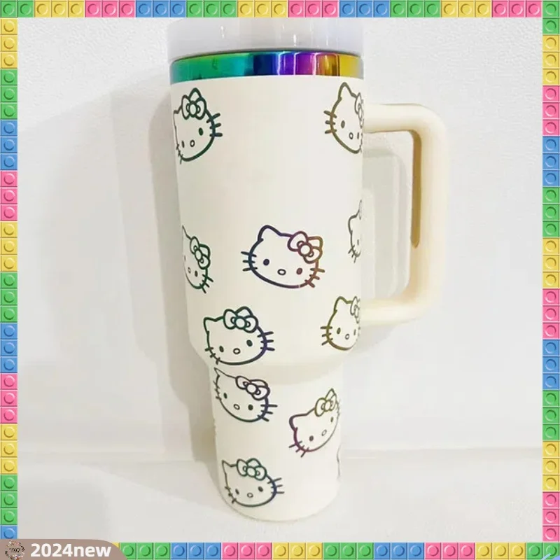 40Oz Hello Kitty Stainless Steel Insulated Mug with Handle Straw Mugs Large Capacity Thermos Drinks Coke Coffee Mug Drinking Cup