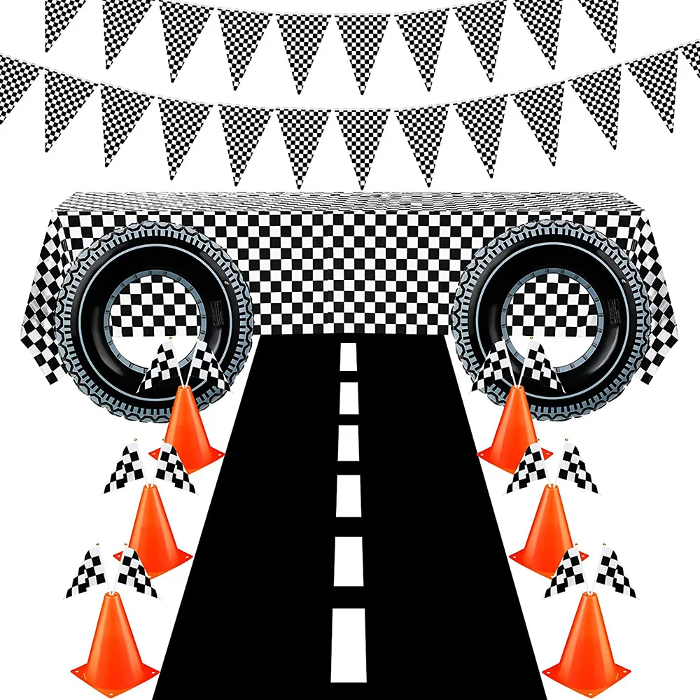 Traffic Cones and Racing Checkered Flags Black White Flags Kids Racing Theme Decorations for Race Car Birthday Party Supplies