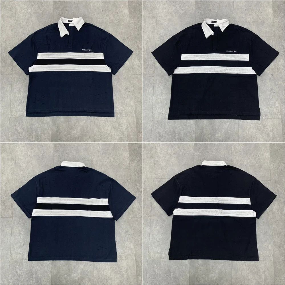 Yao Fashion Korean Style Lapel striped Tee Tops Oversize Casual Y2k 1:1 Short Sleeve Cleanfit T Shirt