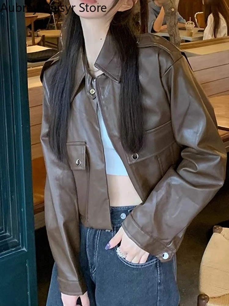 Brown Cropped Leather Jacket Women Streetwear Moto Biker Zipper Leather Jacket Winter Punk Vintage Casual Blazer Leather Coat