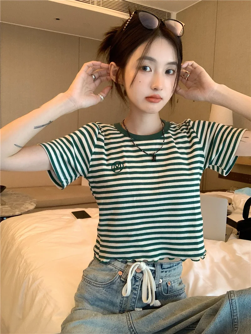 2025 neue Gestreiften Crop Top Frauen Koreanische Crew Neck Sommer Print Kurzarm Tops Dünne Beiläufige Einfache Alle-spiel frauen T Shirts – Detail 9