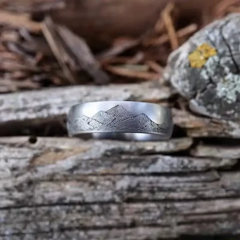 Vintage Mountain Print Men Women Stainless Steel Rings Unique Retro Punk Ring Party Personality Jewelry Gift Wholesale