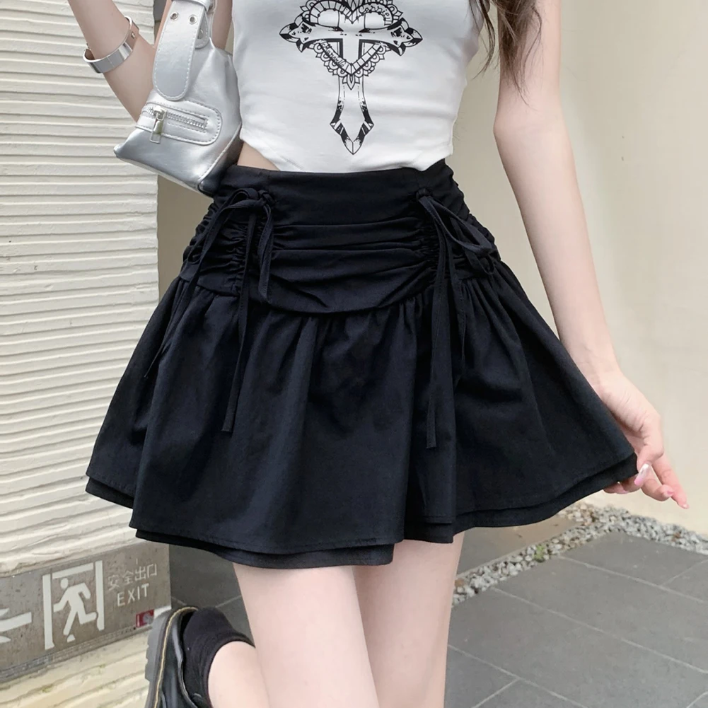 عارضة الساخن فتاة الزي الربيع أزياء عارضة تنورة القوس الأسود مطوي تنورة الزي اليومي نمط الصلبة مرونة قليلا #1