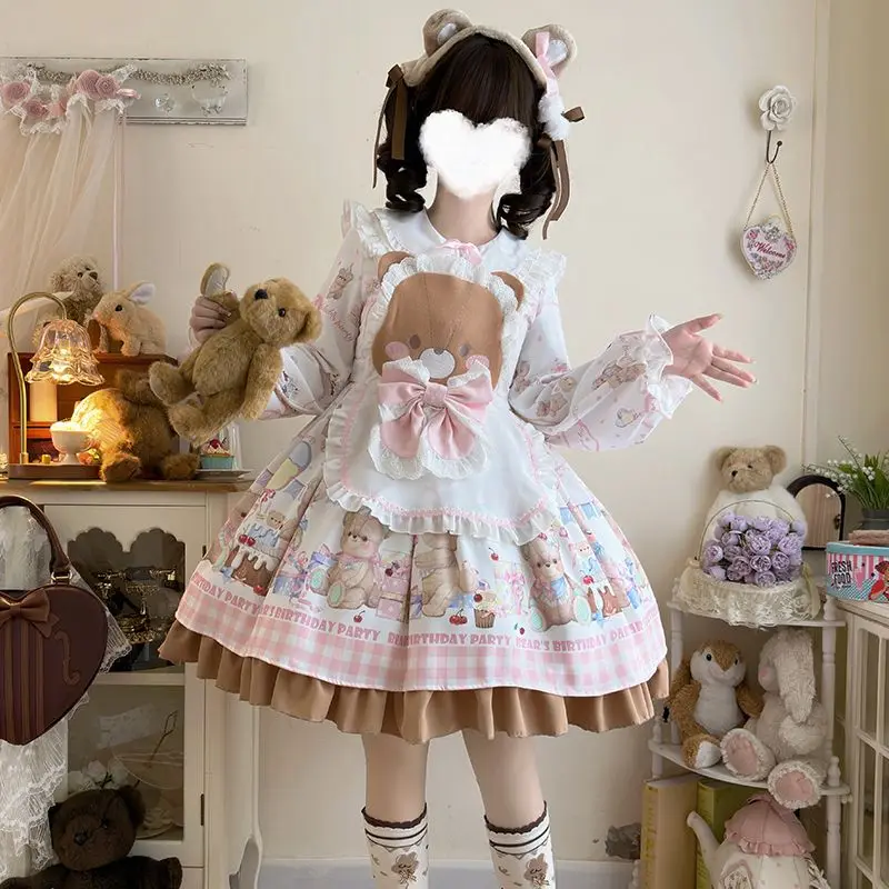 MAGOGO Japanese Kawaii Lolita Long Sleeve Dress Women Autumn Sweet Cute Cartoon Printed Ruffles Bow Apron Princess Party Dresses