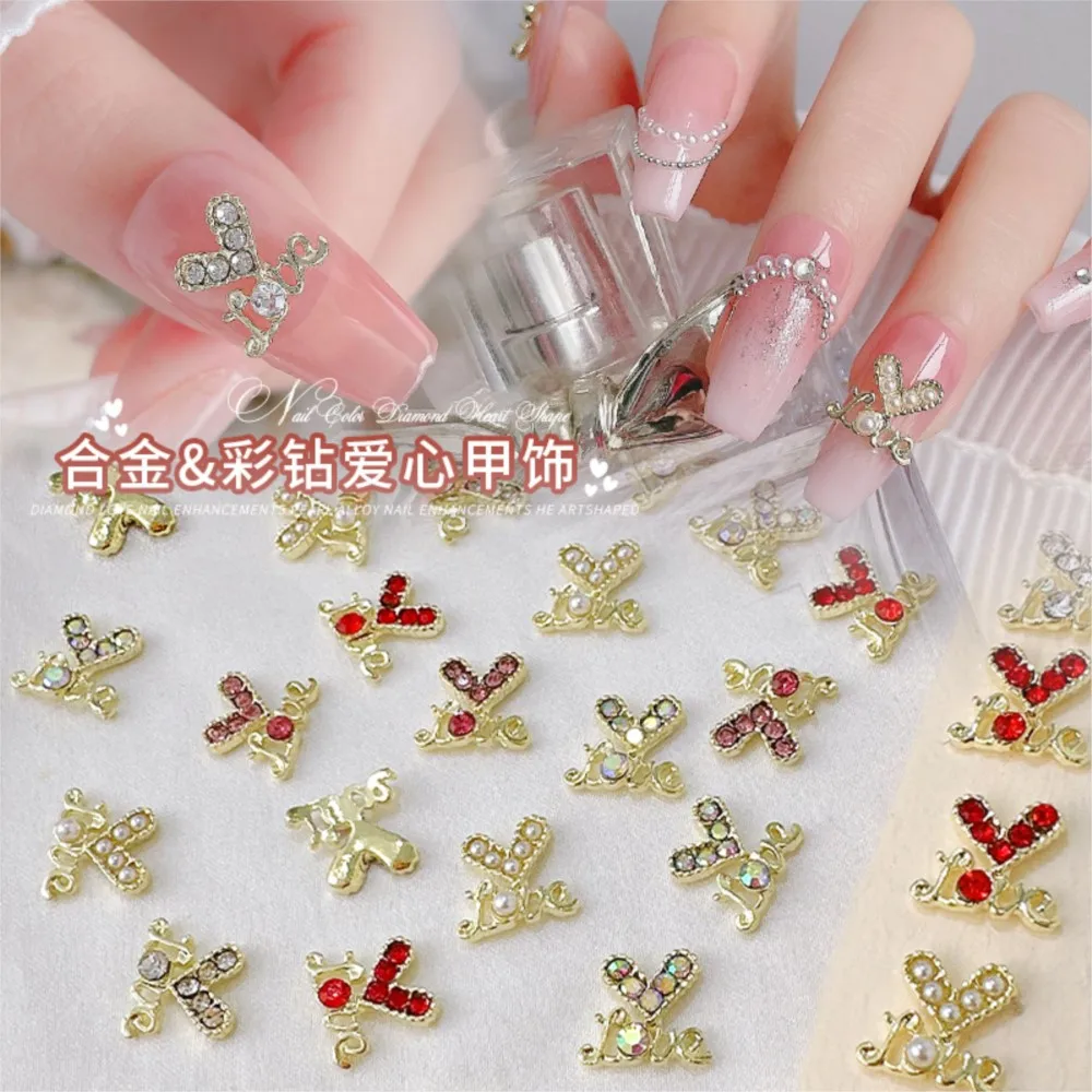 

10Pcs Love Heart Nail Charms Heart Rhinestones with Letters Design Valentine's Day Nail Crystal Gems Alloy Jewelry Nail Supplies