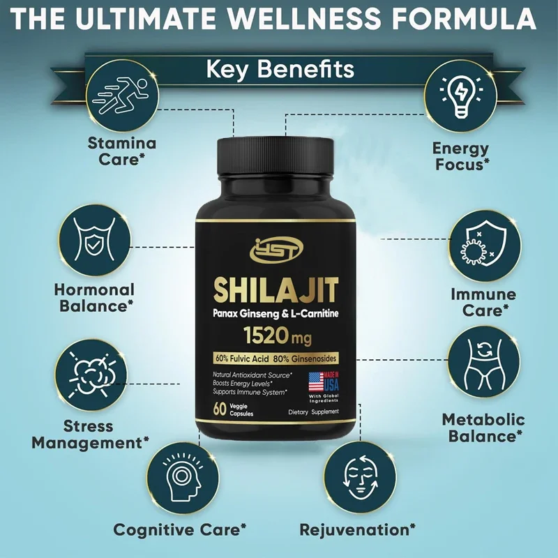 Pure Himalayan Shilajit Supplement 60% Fulvic Acid Made in the United States 85 Trace Minerals, Contains Ginseng and L-Carnitine