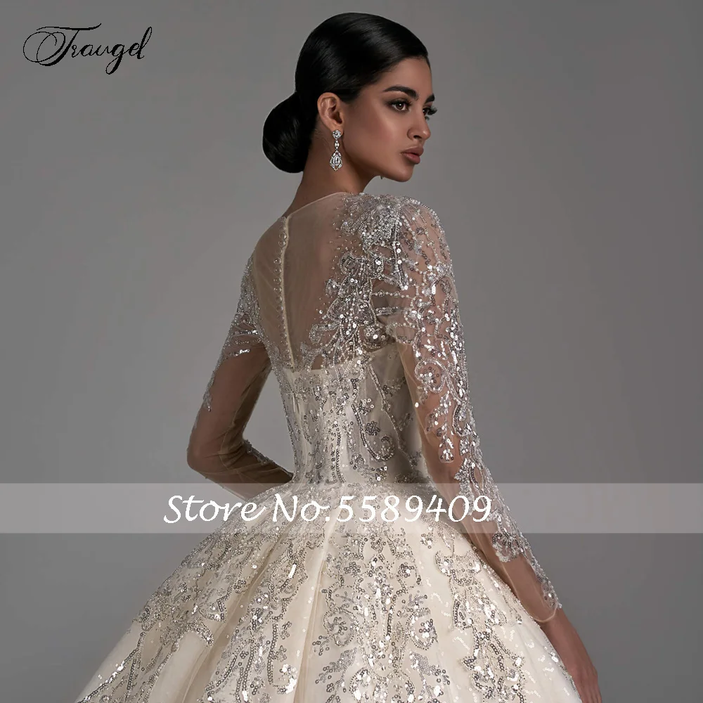 Traugel Ball Gown Luxo Vestidos De Noiva O-Neck Manga Longa Vestido De Novia Lace frisada Capela Trem Glamorous Vestido De Noiva