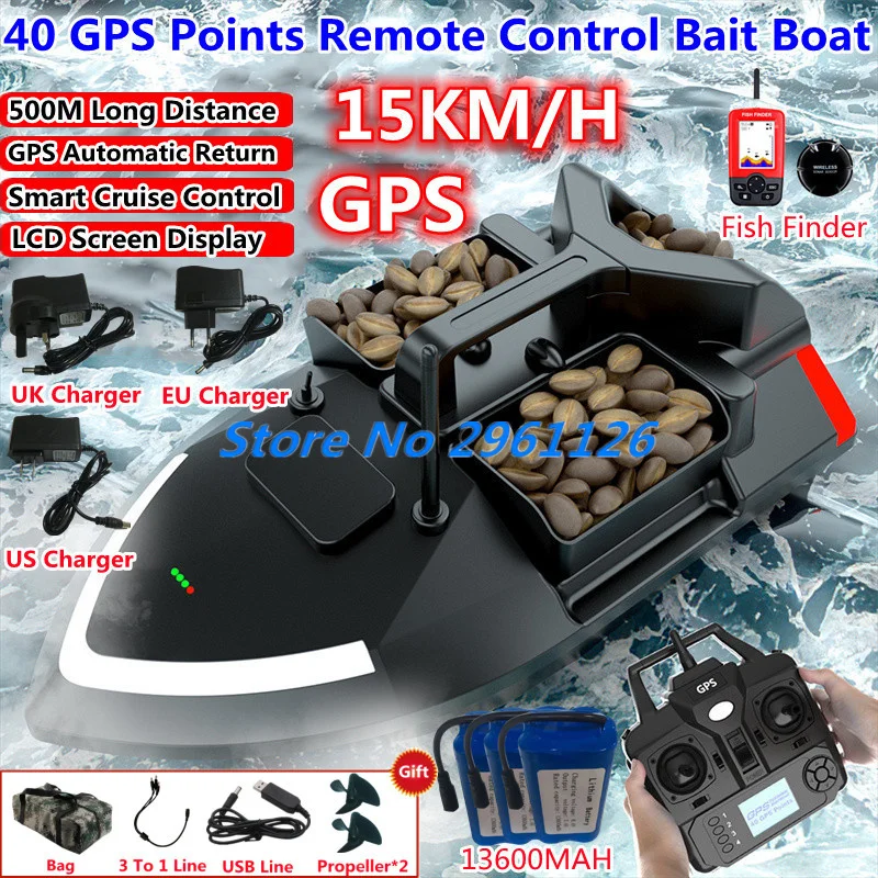 500M 40GPS Point Remote Control Fishing Boat 2KG Load 6Hours LCD Display GPS Auto Return Cruise 3 Hopper High Speed RC Bait Boat