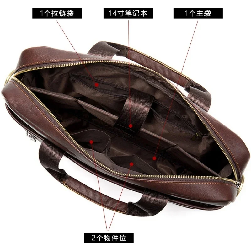 New Business Men Handbag Vintage Genuine Briefcase Male Office Laptop Cow Leather Shoulder Bag