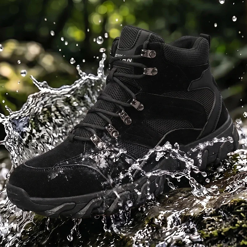 Mehrfarbige, hoch geschnittene taktische Herrenstiefel mit Schnürung, stoßdämpfend, rutschfest, ideal zum Campen, Wandern und für den täglichen Gebrauch. – Detail 2