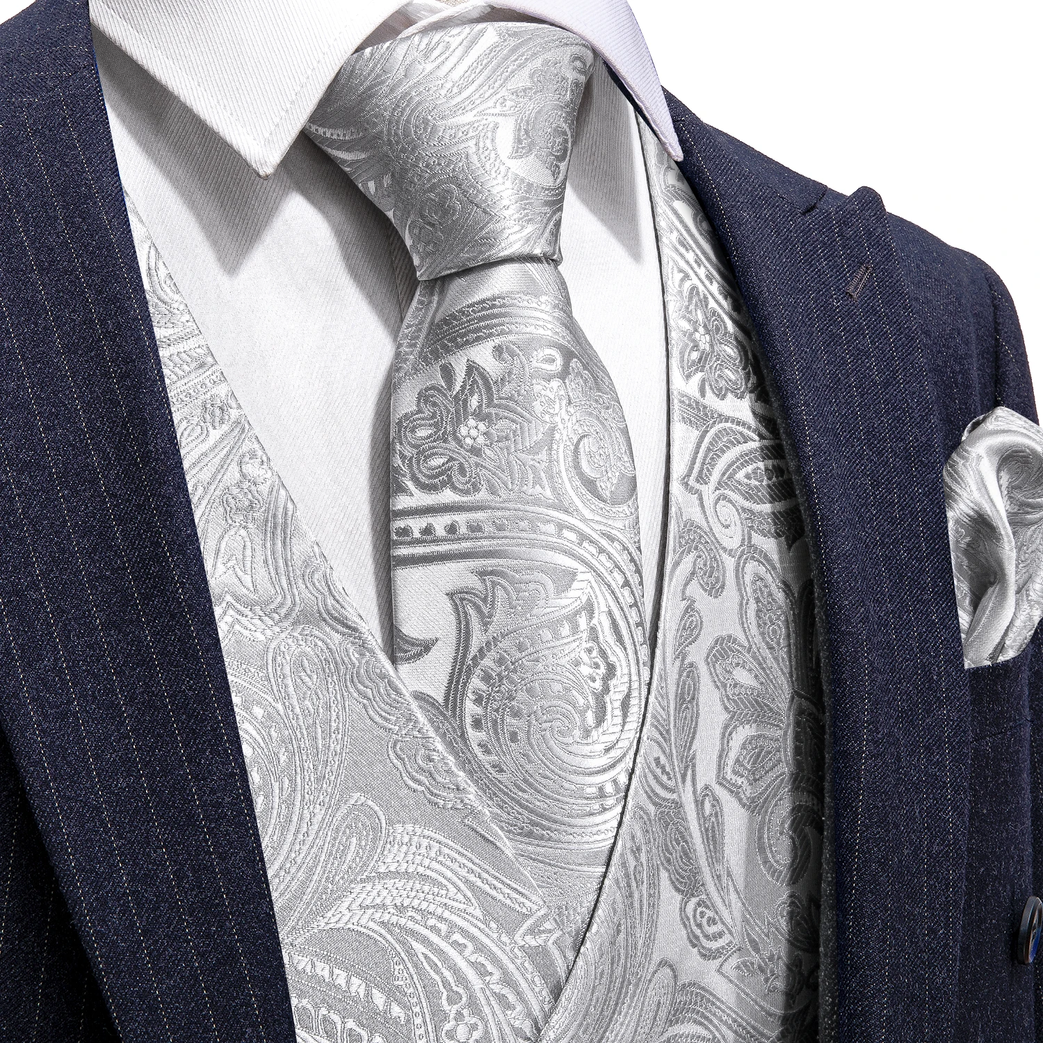 5PCS Designer Mens Wedding Suit Vest Silver Paisley Jacquard Folral Silk Waistcoat Tie Brooches Vest Set Barry.Wang Groom