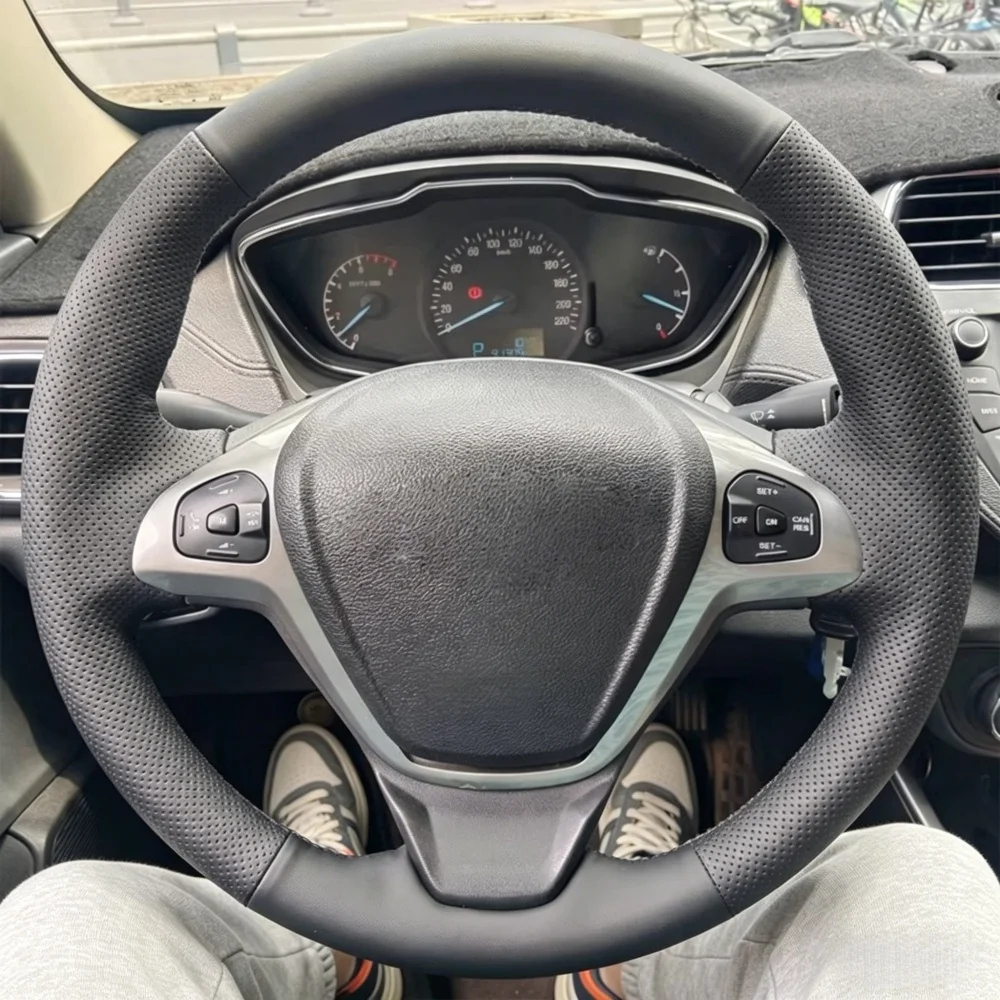 Car Accessories Hand Stitched Black Perforated Artificial Leather 2008-2017 Steering Wheel Cover For Ford EcoSport Fiesta