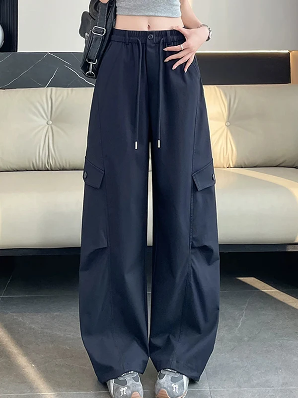 

Loose Drawstring High Waist Straight Leg Casual Trousers Women's plus Size Cargo Pants Khaki Color Summer New Arrival