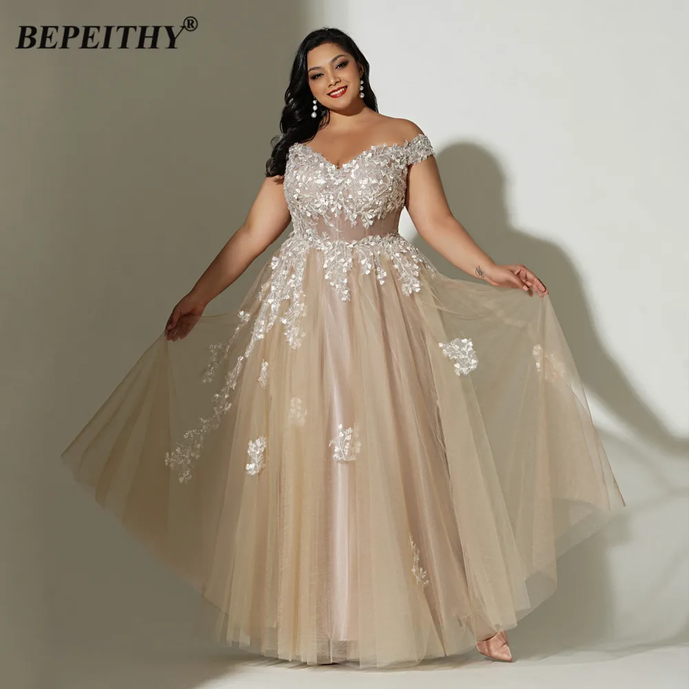 BEPEITHY Customized Champange A Line Long Prom Dresses For Plus Size Girl Sleeveless Evening Dress Party Formal Occasion Dresses