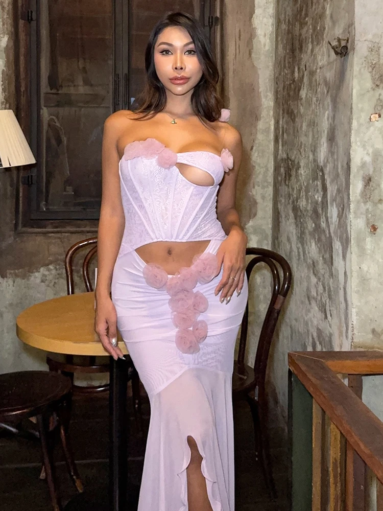 Luxuriöses Korsett-Abendkleid mit Blumenapplikationen – trägerloses Meerjungfrauenkleid mit Ausschnitten, elegantes Kleid mit langer Schleppe für Partys und Bühnen