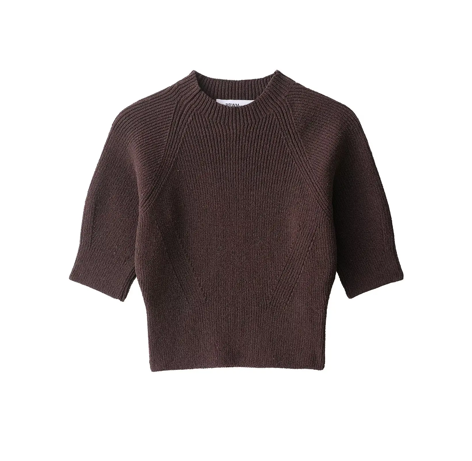 

2025 Summer New Arrivals: Women's Fashionable Casual Knit T-Shirt Round Neck Brown Ladies' Knit Top Short Sleeves - Hot Seller