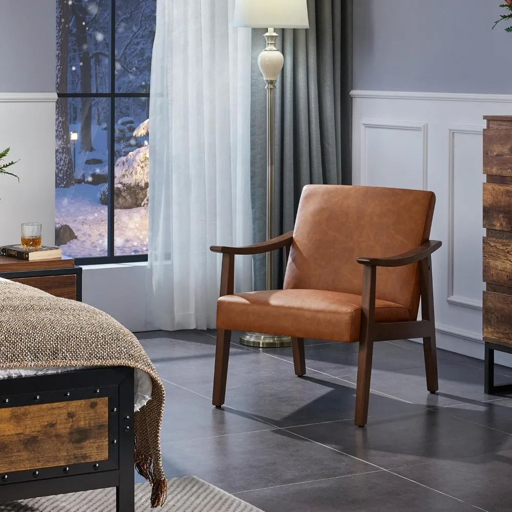 

Mid-Century Modern Armchair with Solid Wood Legs, Reading Leisure Chair with High Back for Living Room Waiting Room, Brown