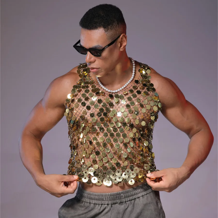 Gold Glitter Tank Tops Men Rhinestone Fishnet Shiny Muscle Vest Man See Through Tees Sequins Sleeveless T-Shirt Party Nightclub