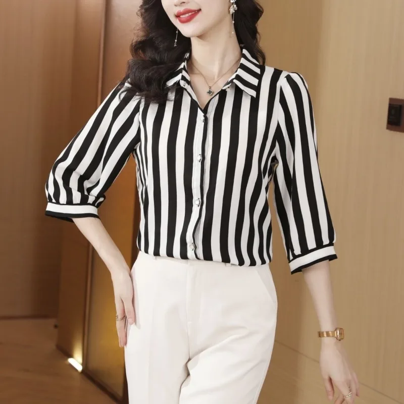 Women Clothes Summer Fashion Elegant Simplicity Striped 3/4 Sleeve Shirts Women's Korean Office Lady Casual Temperament Tops