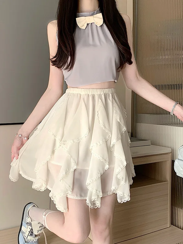 

Асимметричная юбка А-силуэта с кружевной отделкой, женская, летняя, новый стиль, с высокой талией, из полиэстера, стандартный крой, на эластичной резинке